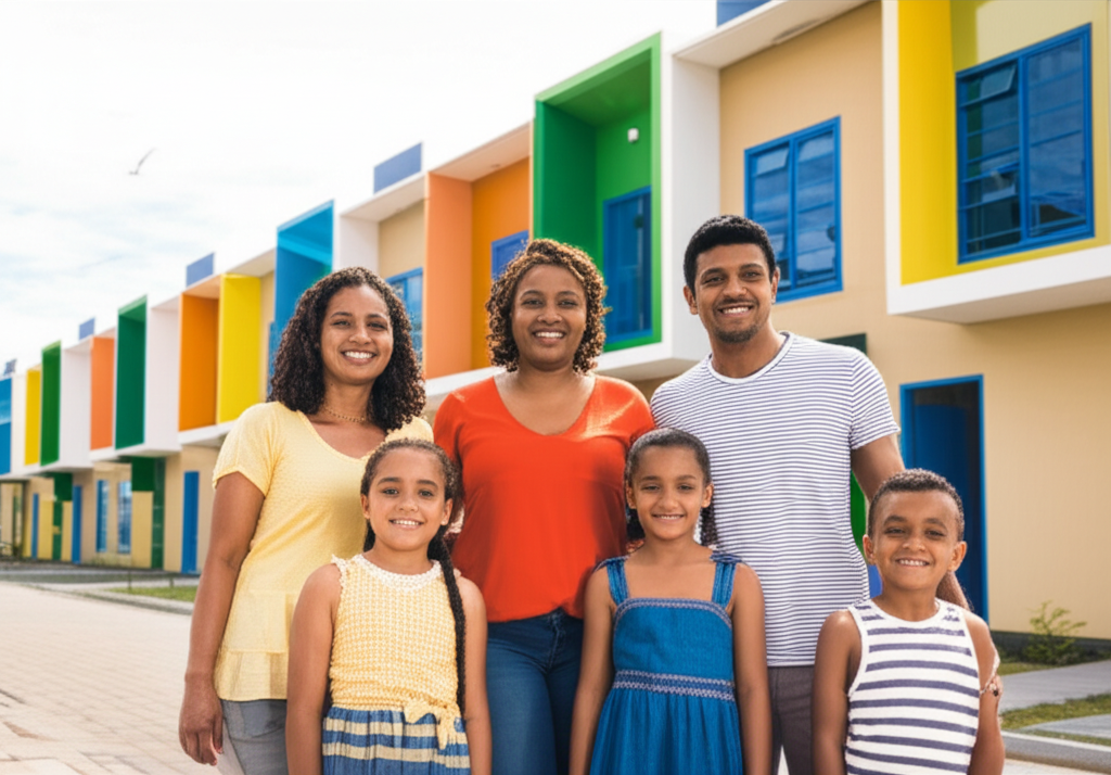Família nordestina feliz em frente às casas modernas LDV